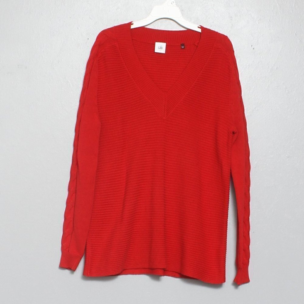 Cabi stand out red cotton knit v neck cable knit sleeve sweater